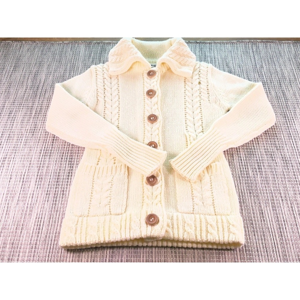 Vintage Hand Loomed Cable Knit Cardigan Sweater Cream Ivory Acrylic Womens M